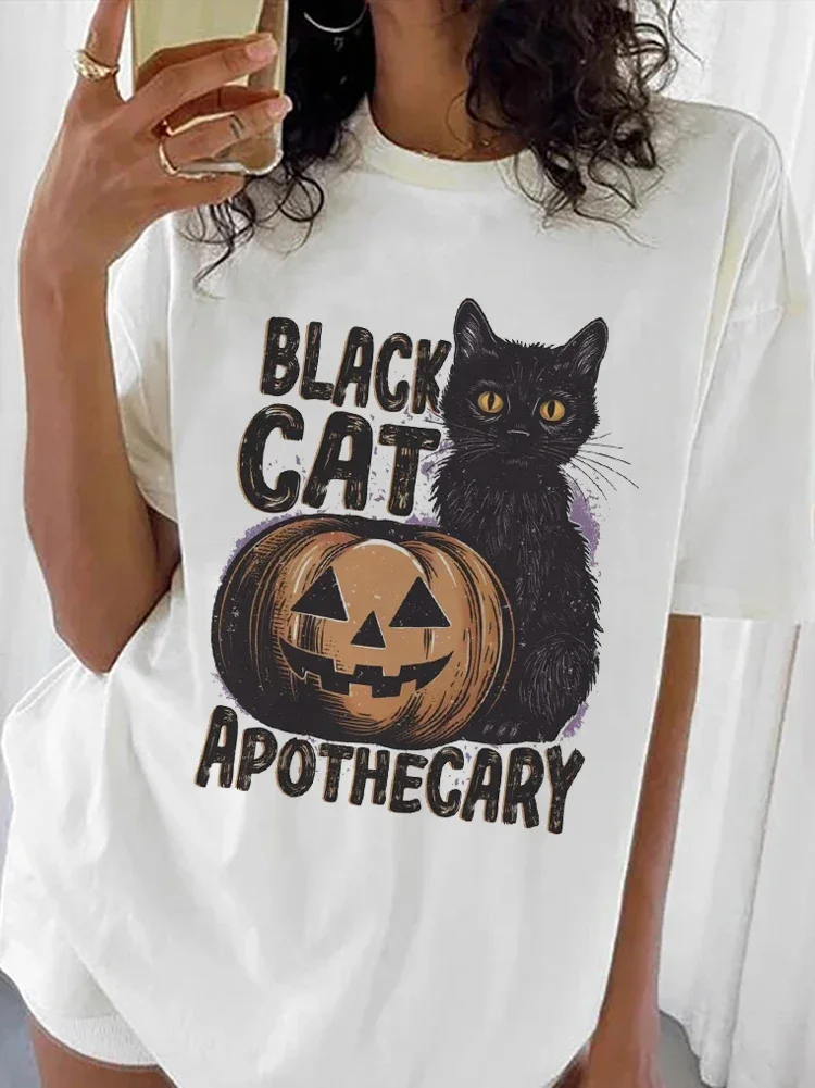 Czarny kot Apochary Print Trend Wszechstronny 90s Krótki rękaw Cartoon Print Pattern Basic Style Plus Size Halloween Top T-Shirt