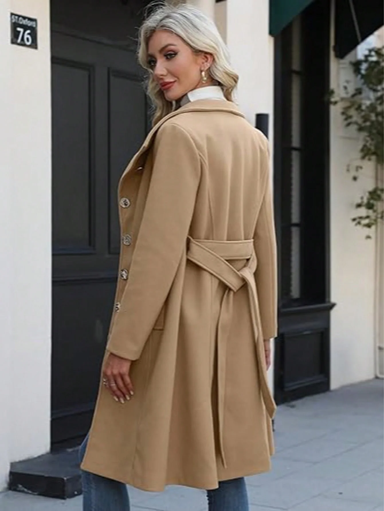 

Women's Stylish Midi Overcoat with Waterfall Neck and Belted Waist Long Sleeve Woven Fabric Button Front Design Perfect for Fall