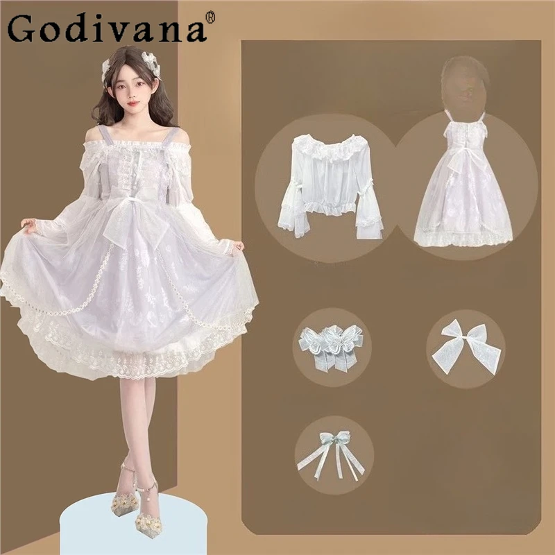 

Original Design Cosplay Dress Set Women Purple Color Jacquard Suspender Jsk Dress Suits Female Spring Autumn Lolita Dress