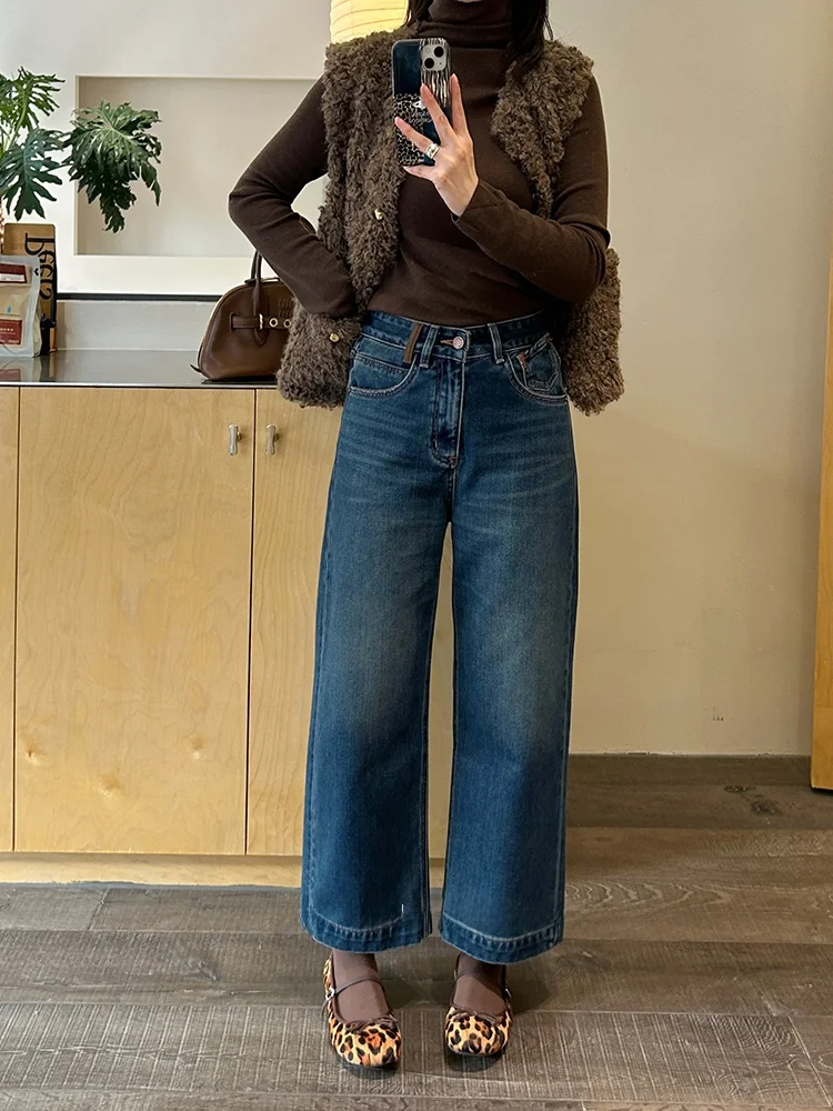 

Женские джинсы с флисовой подкладкой, прямые, с высокой талией, широкие штанины, темно-синие, теплые зимние хлопковые джинсы