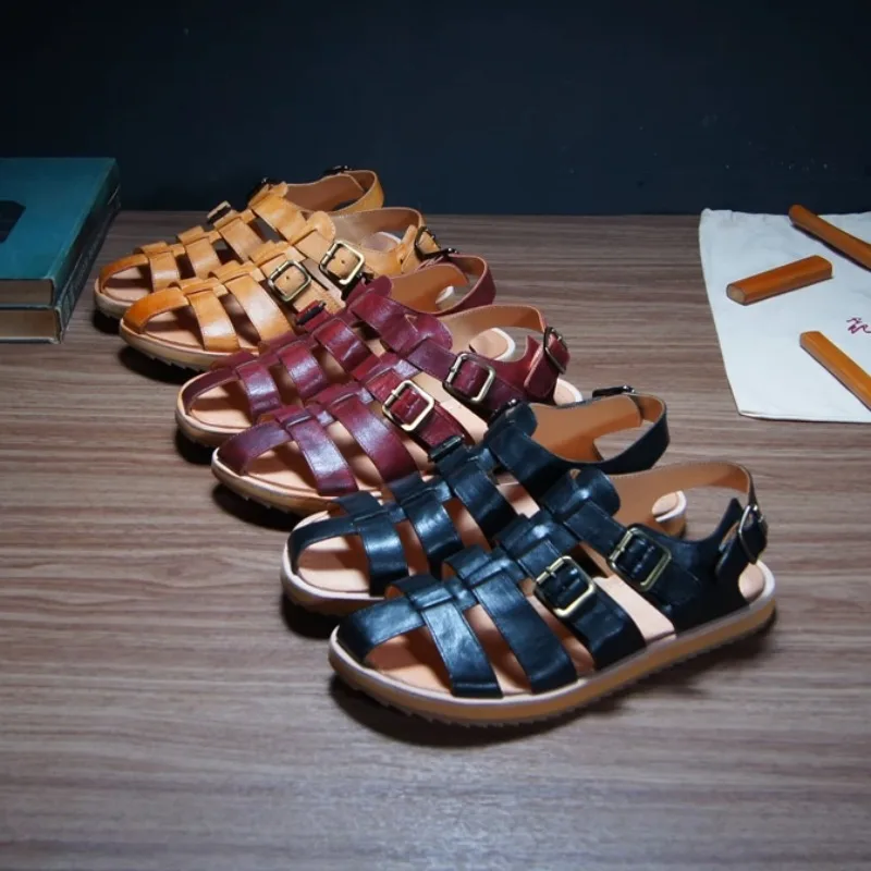

Hand-washed Kangaroo Leather Hollow-out Gladiator Sandals Men Summer Outdoor Beach Comfortable Soft-soled Retro Casual Shoes