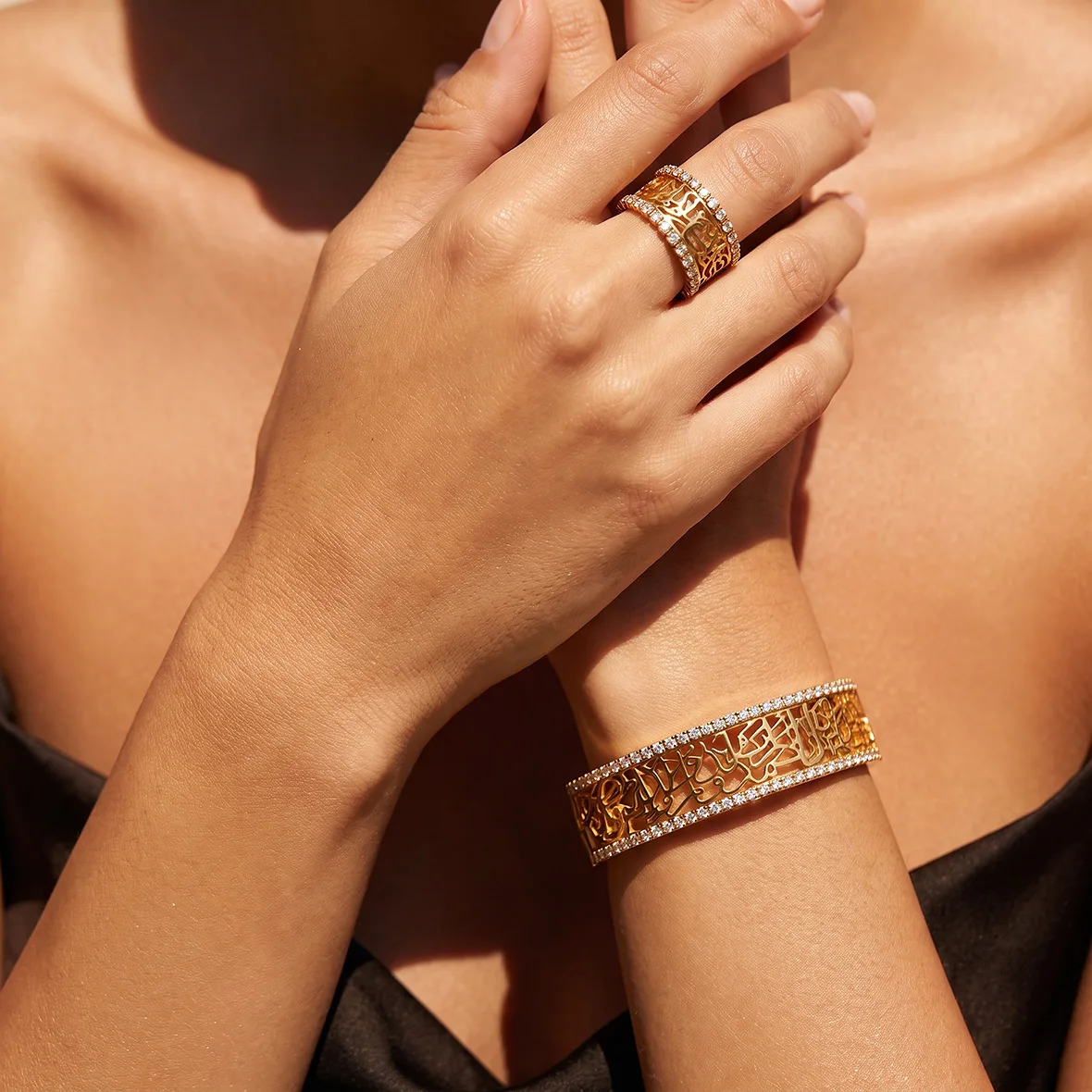 Glossy Zircon Gold Plated Stainless Steel Cuff Bangle for Women Abstract Geometric Pattern Wide Bracelets Waterproof Jewelry