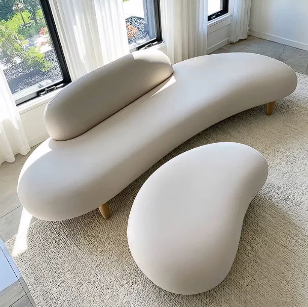 Nordic home furniture cream crescent curved living room upholstered sofa footstool set is suitable for apartment villas