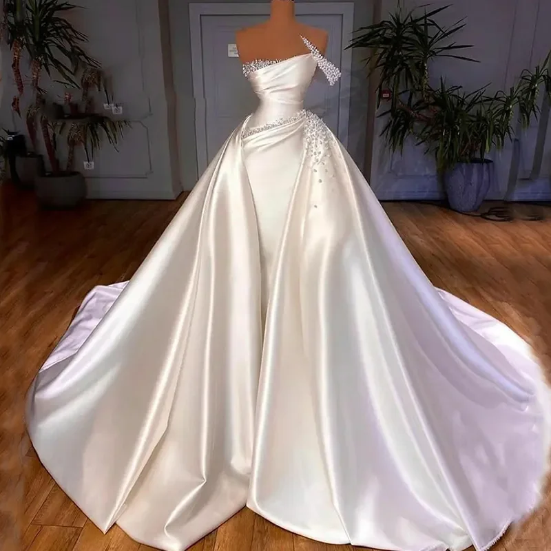 Luxus Elfenbein weiß Brautkleid mit Brust Satin Perle Kristall bodenlangen Meerjungfrau Brautkleid Vestidos de Novia ̈b