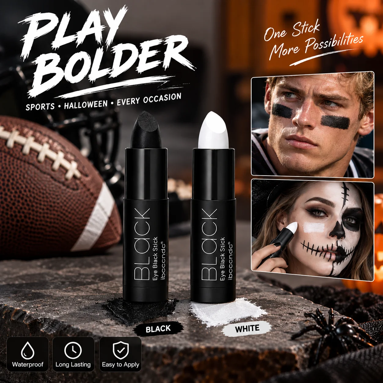 Face Body Paint Stick Matte Black/White Lip Face Paint Eye Black Stick Face Makeup For Football/Baseball/Softball Halloween