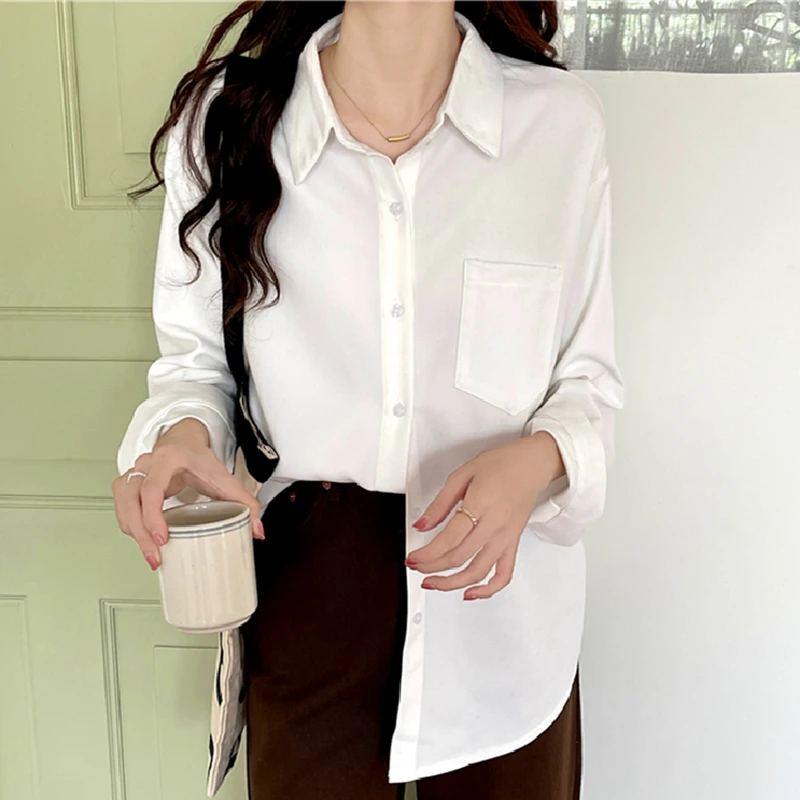 

Autumn Women Korean Blouse Fashion Harajuku Pockets Single Breasted Tops Ladies Casual Solid Loose Shirt Blusas Mujer Female
