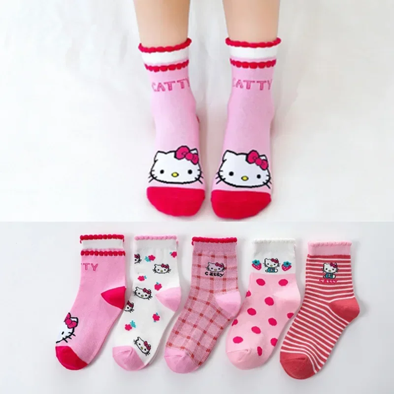 5 paia Sanrio Hello Kitty calzini per bambini calzini per ragazze in cotone Cute Children Baby Princess Sock Cartoon autunno inverno calza 3-12Y