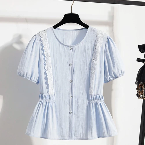 Imagen 2 del producto Verano 2025, Top fino con borde de encaje dulce de estilo francés, camisas de talla grande para mujer, camisa de muñeca de manga corta ceñida con cintura, Tops informales