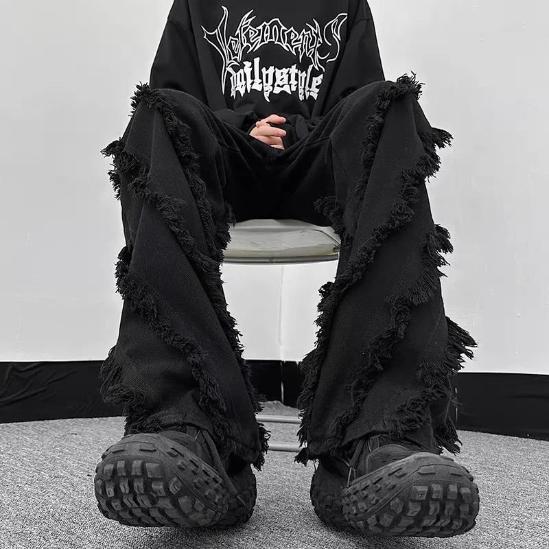 

Мужские джинсы прямого кроя в стиле американского хип-хопа, винтажные длинные брюки с функциональным дизайном, повседневная одежда