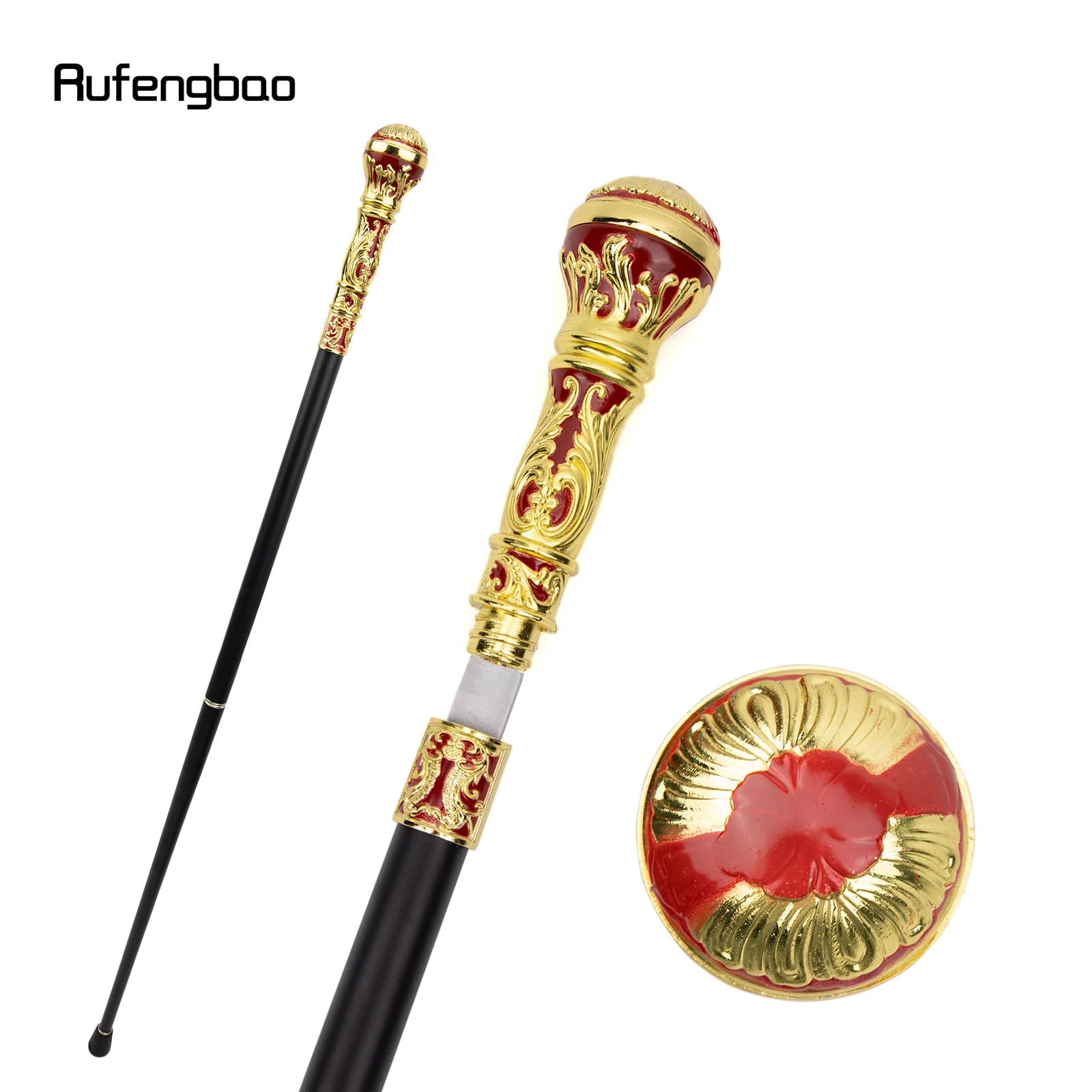 Golden Red Luxury Round Handle Walking Stick with Hidden Plate Self Defense Fashion Cane Plate Cosplay Crosier Stick 93cm