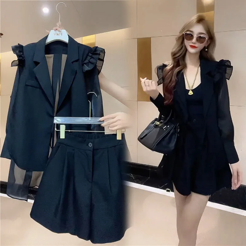 Internet Celebrity Elegant Fashion Suit Women\'s Western Style Mesh Casual Ruffled Suit Jacket Wide Leg Shorts Two-piece Set Fash