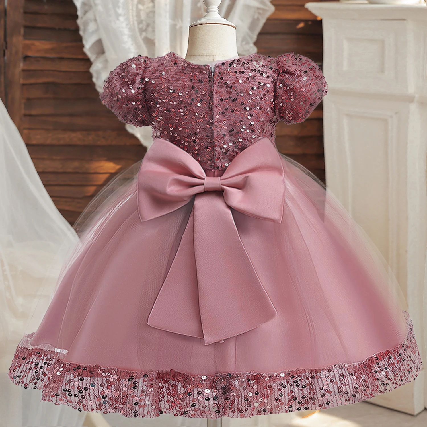 Girl Vintage Wedding Party Dress Elegant Kids Sequin Bow Birthday Princess Clothes Children Evening Gown Graduation Vestidos