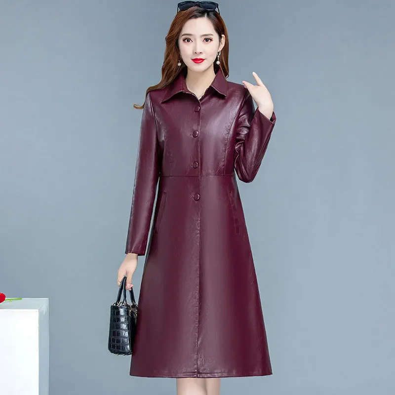 Veste en cuir décontractée chic pour femme, pardessus pour femme, trench-coat en cuir à simple boutonnage, mi-long, mince, coréen, printemps, automne, nouveau, 2024