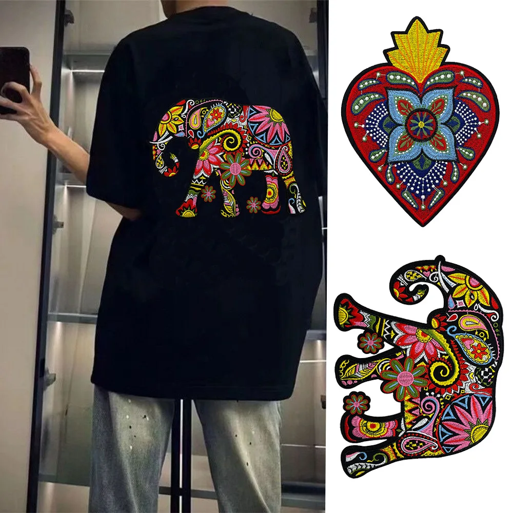 Einteiliger Elefant mit Herzmuster-Stickerei-Aufnäher, personalisierte Aufnäher zum Aufbügeln für Kleidertaschen zum Selbermachen