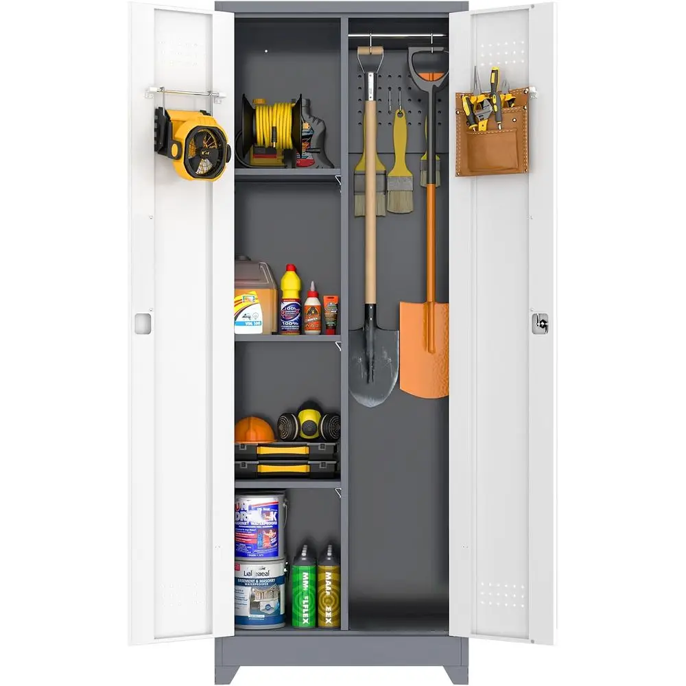 

Шкаф для хранения 65-в-1 для гаража, кладовой, металлический, с перфорированной панелью, запираемый, с регулируемыми полками, серо-белый