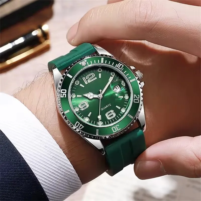 

Новые роскошные мужские часы с календарем, спортивные водонепроницаемые кварцевые часы, деловые повседневные силиконовые ремешки, мужские наручные часы, подарки