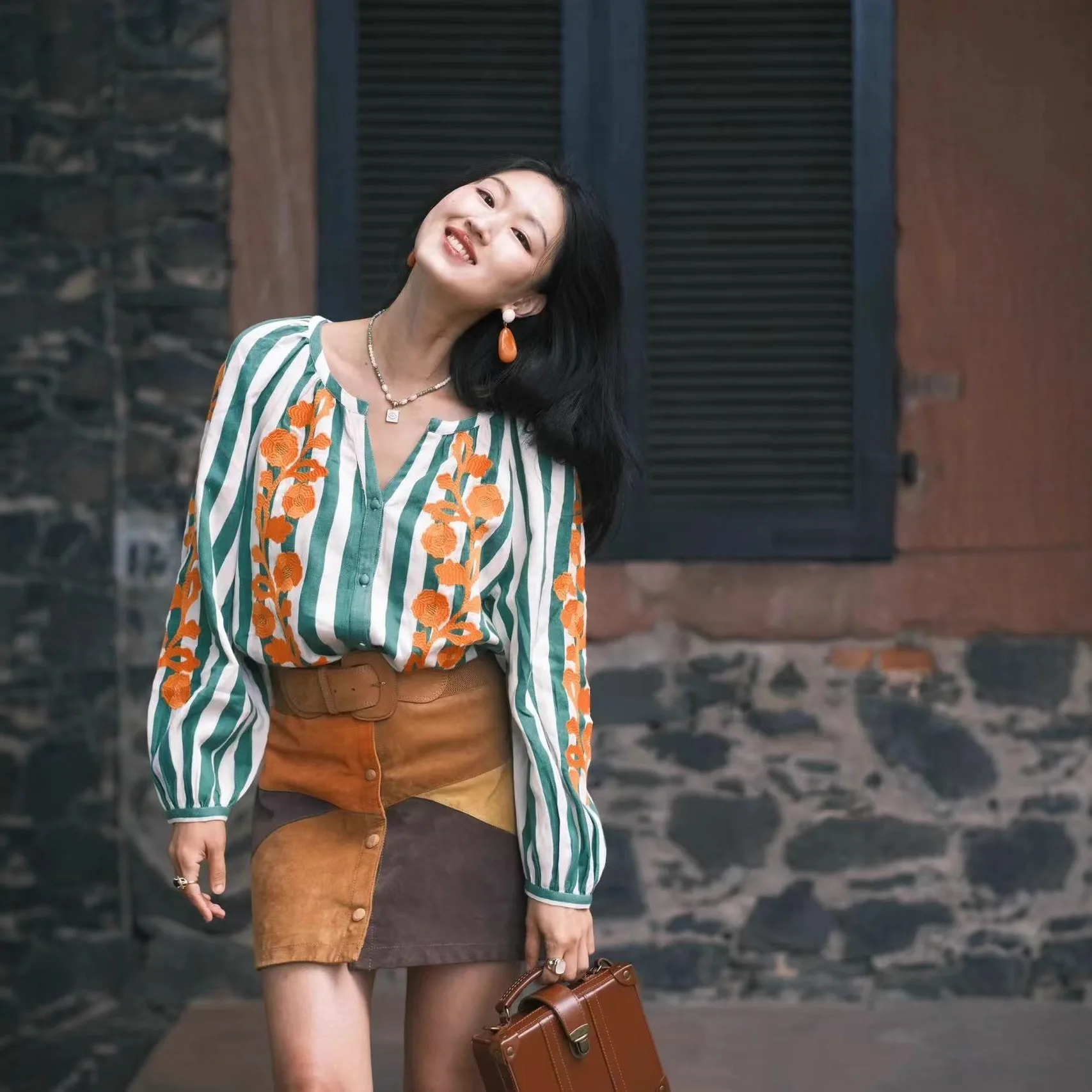 

【Gift Free】2025 Autumn Winter Minimalist Fashion Orange Embroidered Floral Striped Loose Long Sleeve Shirt for Women