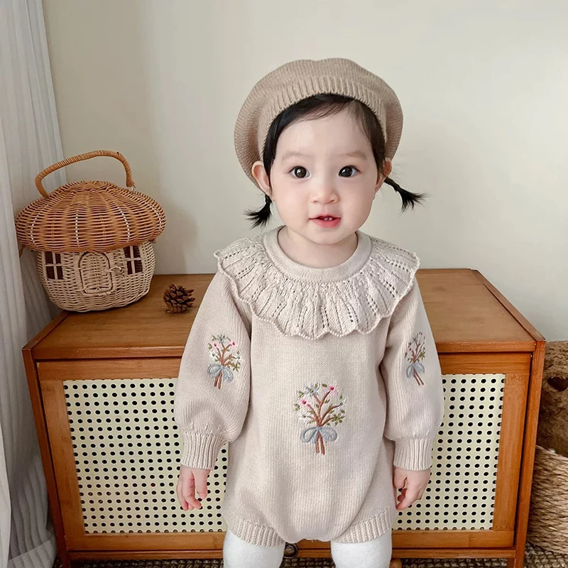 

Осень 2024, комбинезоны для новорожденных, детская трикотажная одежда с вышивкой, вязаные боди для маленьких девочек, комбинезон с рюшами и воротником