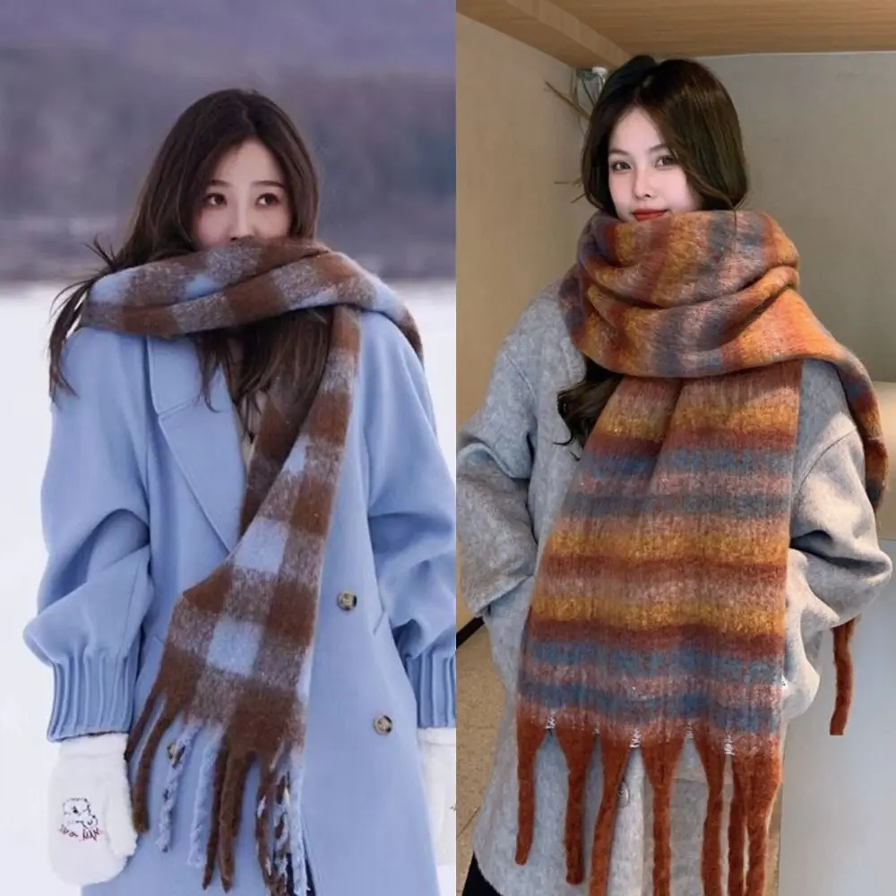 Retro Warm Winter Cashmere Scarf Stripe Pattern Soft Long Tassel Scarves Mohair Plaid Thickened Shawl Wrap Girls