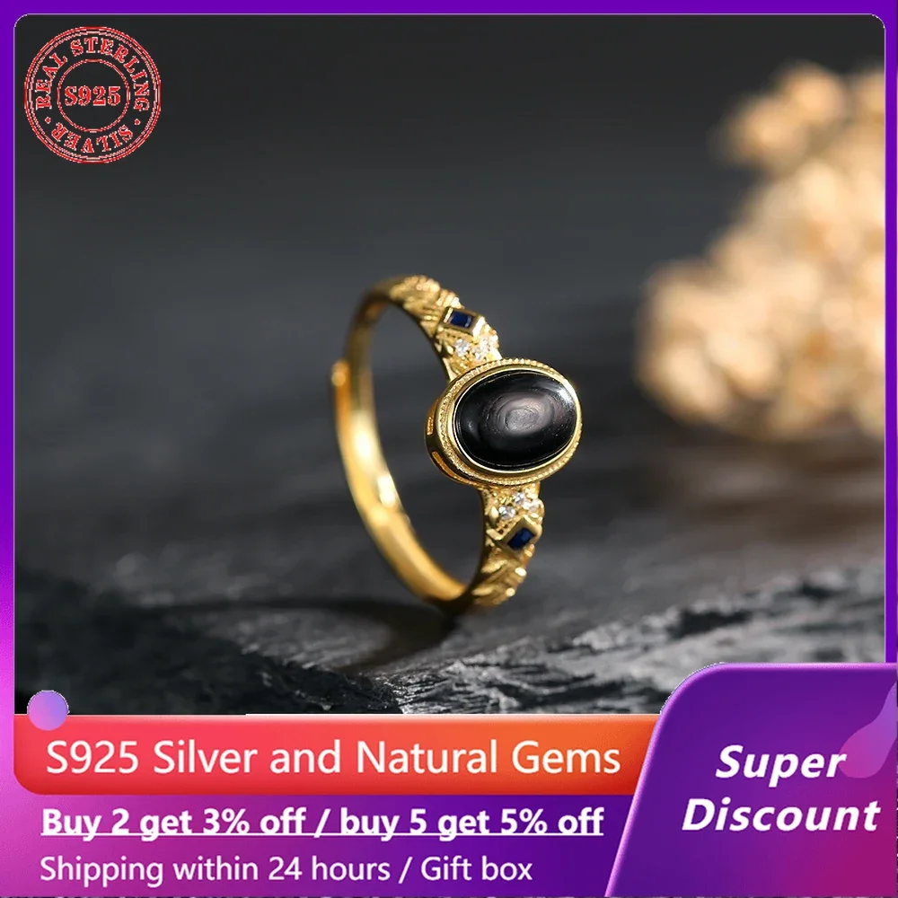 

18k gold color luxury ring paired with natural crystal obsidian women's ring 925 silver high-end engagement wedding jewelry gift