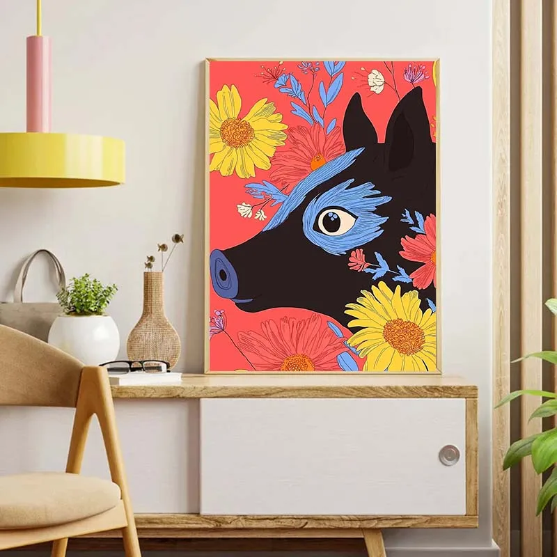 1pc Frameless Canvas Colorful Animals Pig Deer Cow Sheep and Flowers Abstract Art Poster Canvas Prints Wall Painting