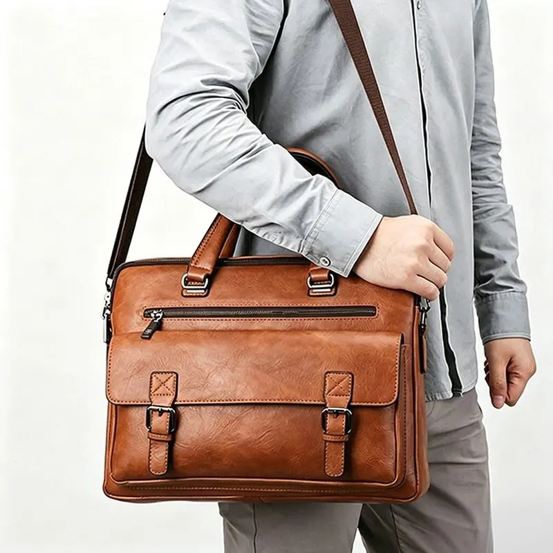 Men's Large Capacity Business Handbag Single Shoulder Computer Bag Street Style Trendy Satchel Crossbody Bag PU Leather