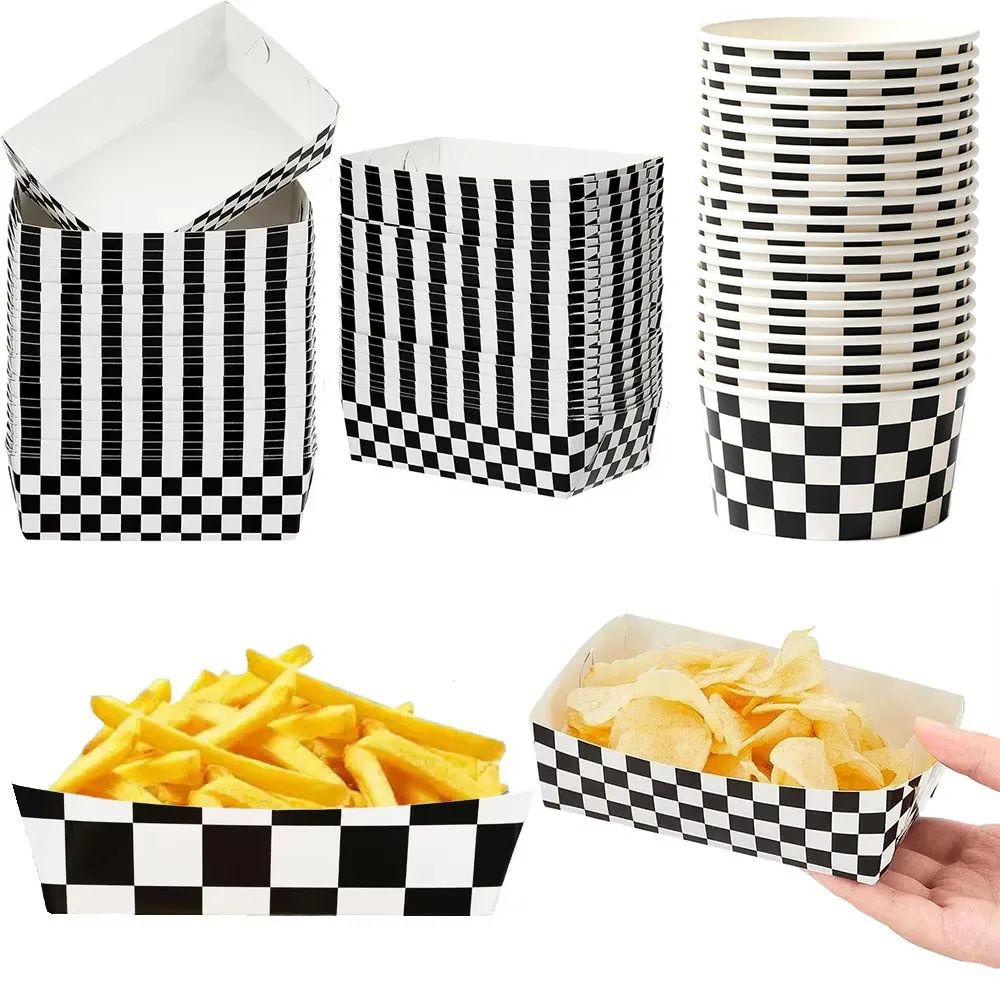 Plateaux alimentaires en papier à carreaux 6/8/12/24, bateaux à nourriture pour fête sur le thème des courses, plateaux à popcorn noir et blanc, fournitures pour fête d'anniversaire sur le thème des voitures de course