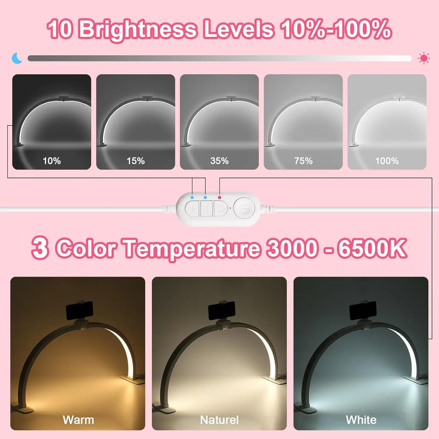 ترقية 29 بوصة ضوء نصف قمر قابل للطي مع حامل هاتف، يعتم ستبليس ودرجة حرارة اللون لمكتب الأظافر