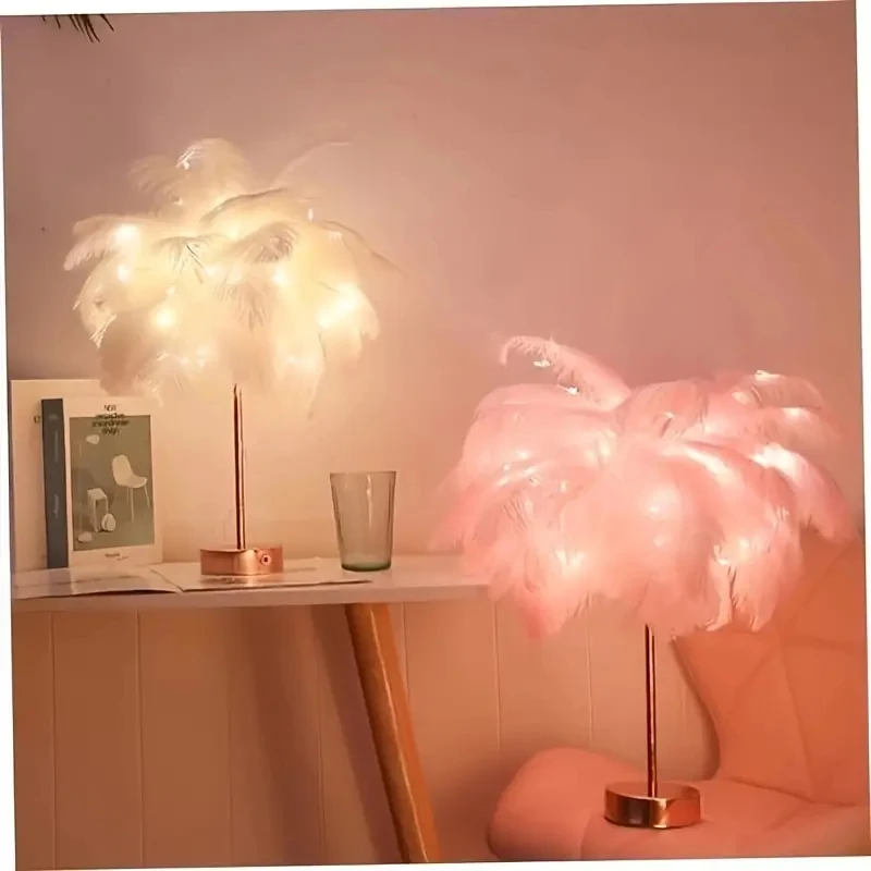 LED Night Light Feather Table Lamp Feather Lamp Fluffy Lamp USB Chargable Battery Power Decoration for Bedroom Bedside Wedding