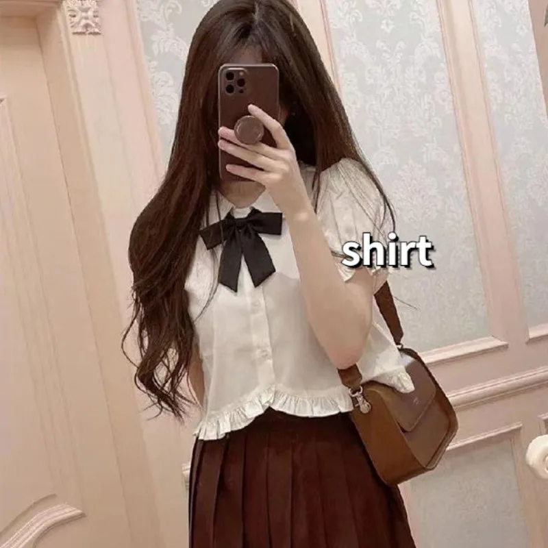 Kawaii JK Preppy Style Shirts Women Crops Sweet Summer Puff Sleeve Harajuku Ruffles Lovely Lolita Casual Holiday Aesthetic Solid