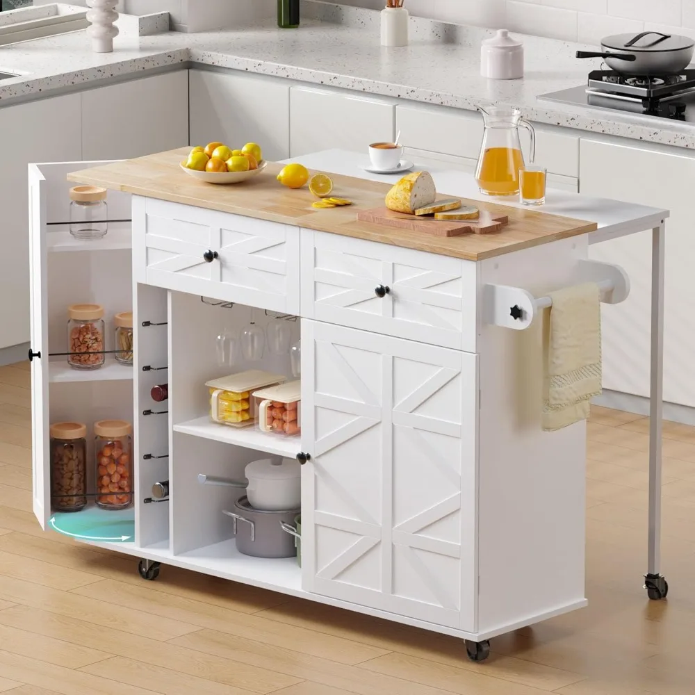 Rolling Kitchen Island with Storage Rack, 47.3'' Large Kitchen Island Cart on Wheels with Sliding Drop Leaf, Farmhouse Island Ta