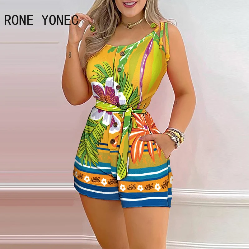 

Women Casual Spaghetti Tape Strap Sleeveless All Over Print Pocket Sashes Bodycon Rompers