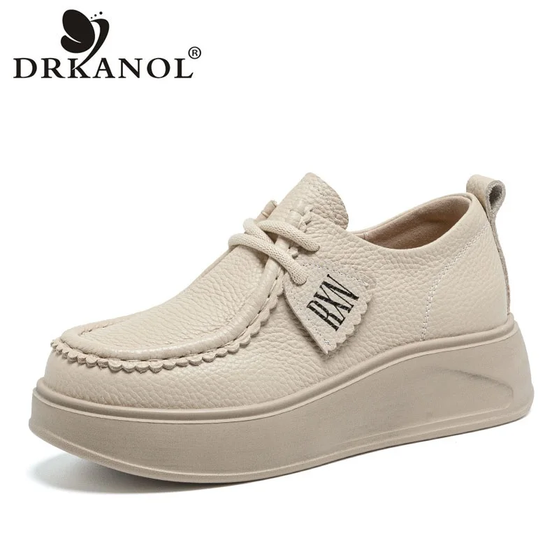 

DRKANOL/женские туфли на танкетке, туфли из 100% натуральной коровьей кожи с круглым носком, на шнуровке, на толстой подошве, на массивной платформе, увеличивающие рост