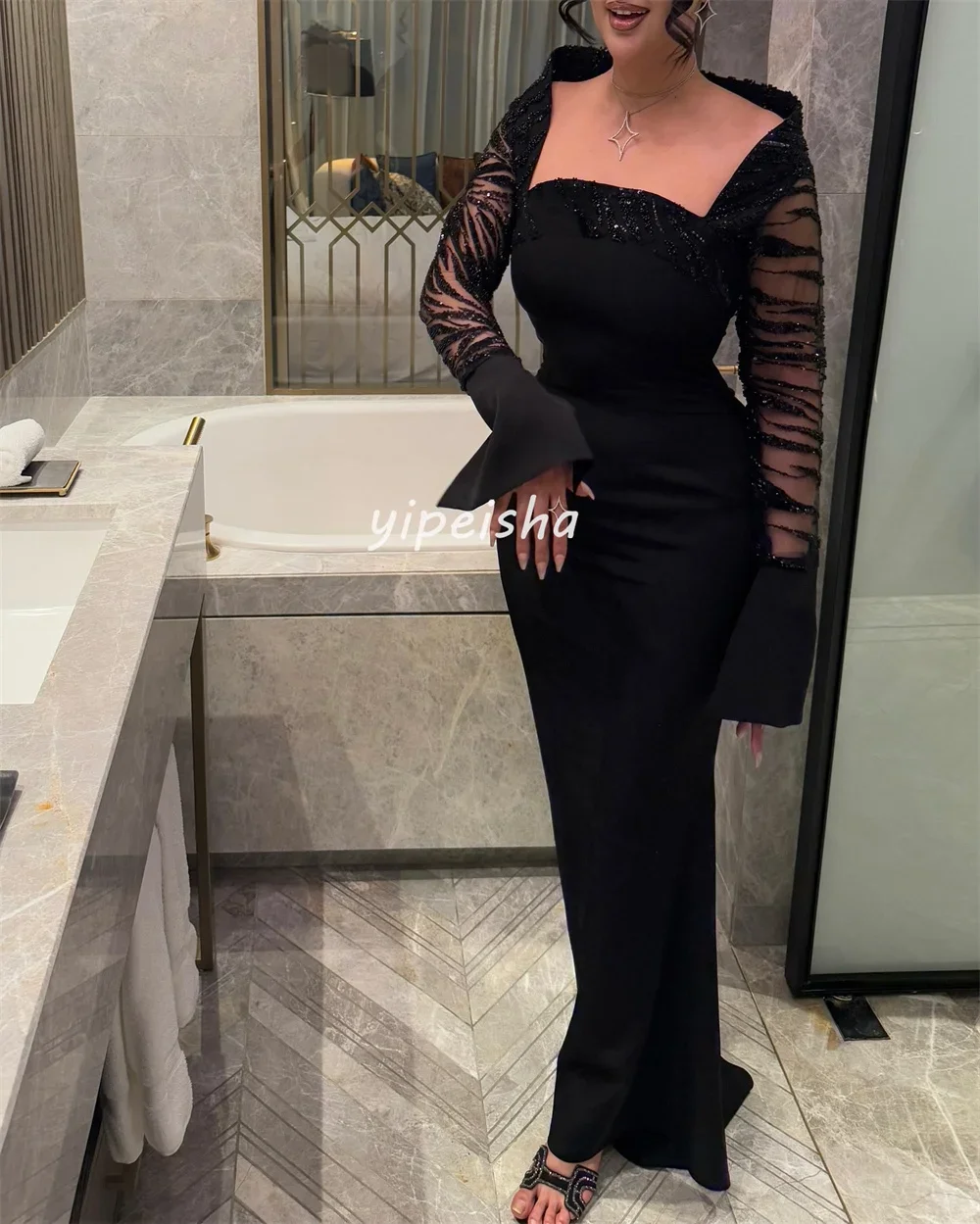 맞춤형 JDY 반짝이는 섹시한 플레인 니트 헤비 핸드메이드 비즈 장식 스팽글 주름 머메이드 오프숄더 롱 드레스 맞춤형 행사 드레스