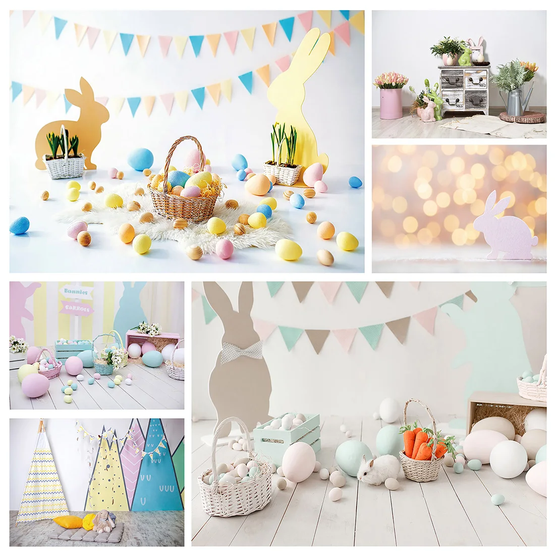 Photo Backdrops Easter Eggs Rabbit Basket Pennant Custom Background for Baby Children Family Party Photophone Photography Props