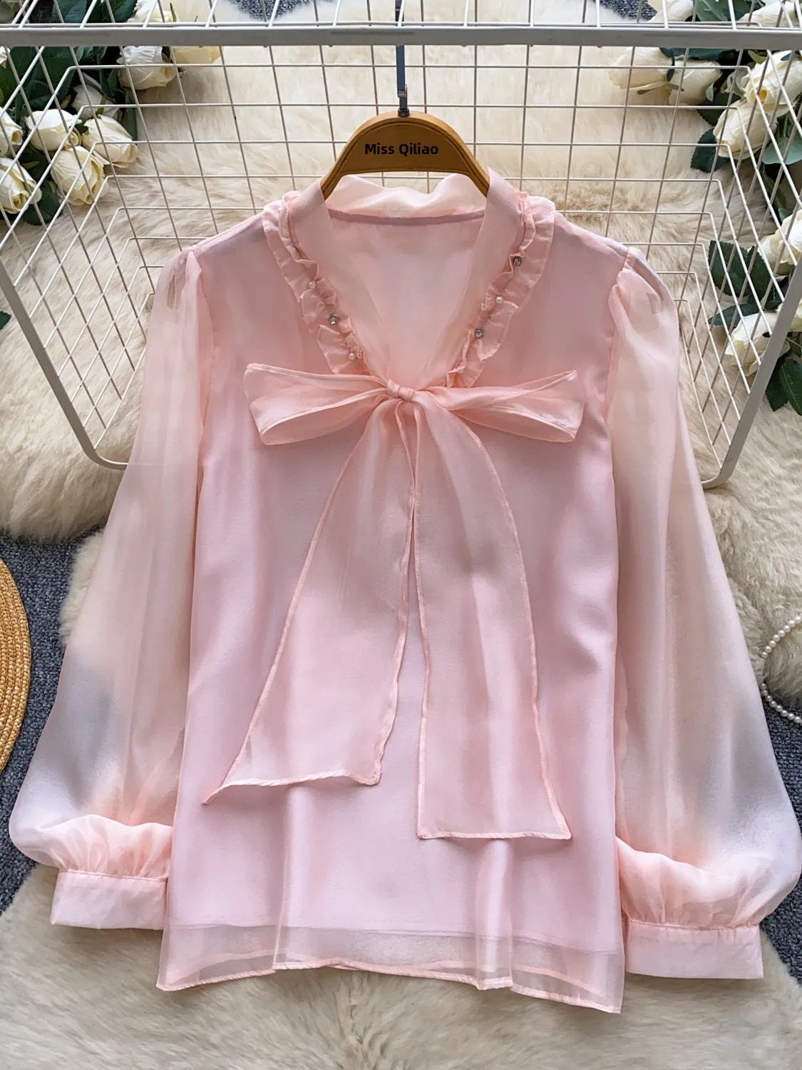 Sweet Knot V-neck Long Sleeve Loose Commute Shirt Women's Autumn Fashion Top Comfortable Breathable Polyester Fiber