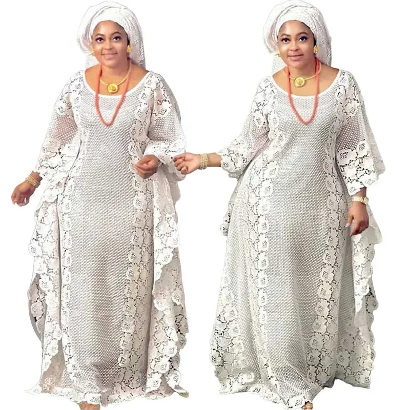 White Lace African Dresses for Women Loose Abaya Dubai Kaftan Traditional Boubou Robe Africa Dashiki Moroccan Caftan Arabic Gown