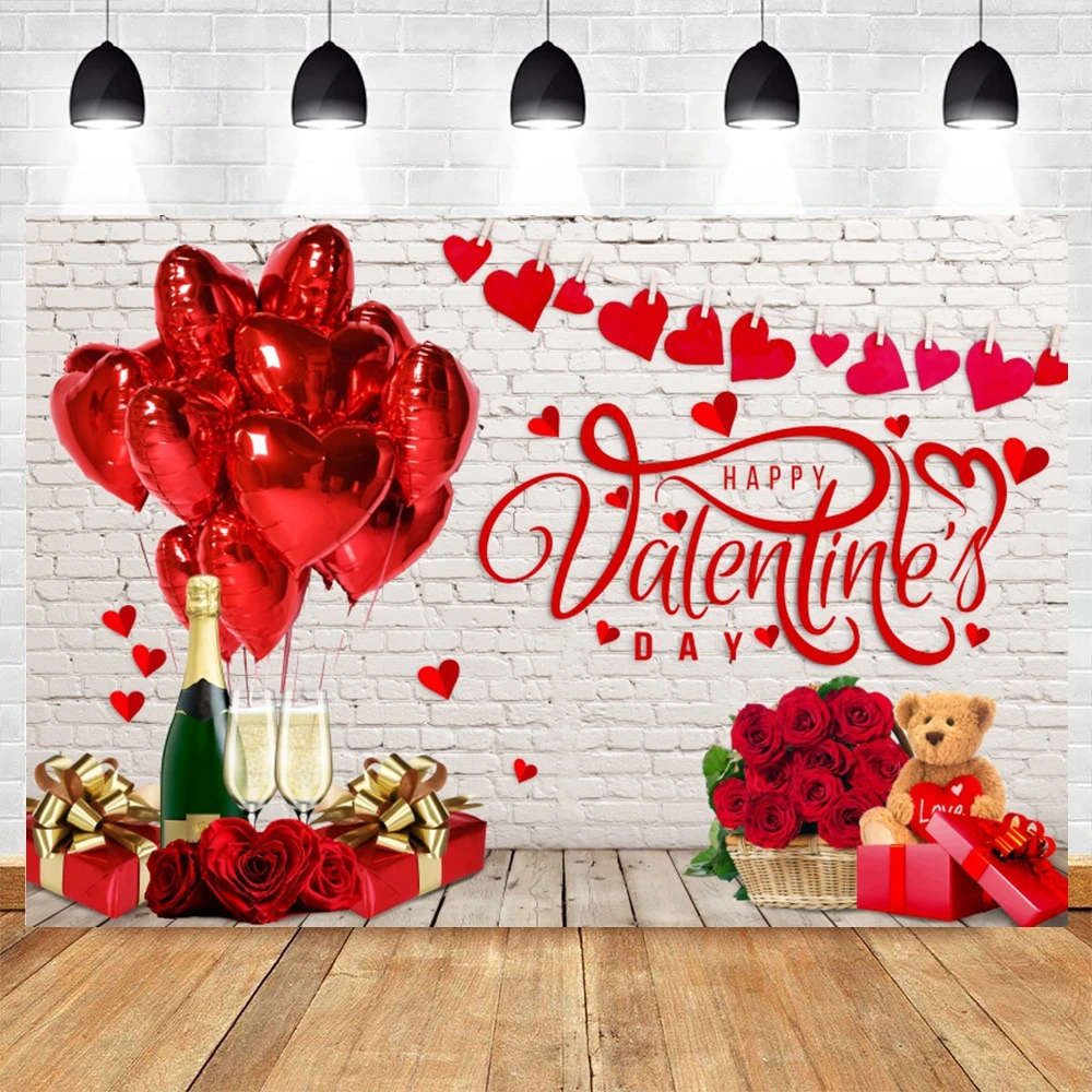 Happy Valentine's Day Backdrops for Photography Red Rose Shop Love Heart Toy Bear Brick Wall Wedding Bridal Shower Background