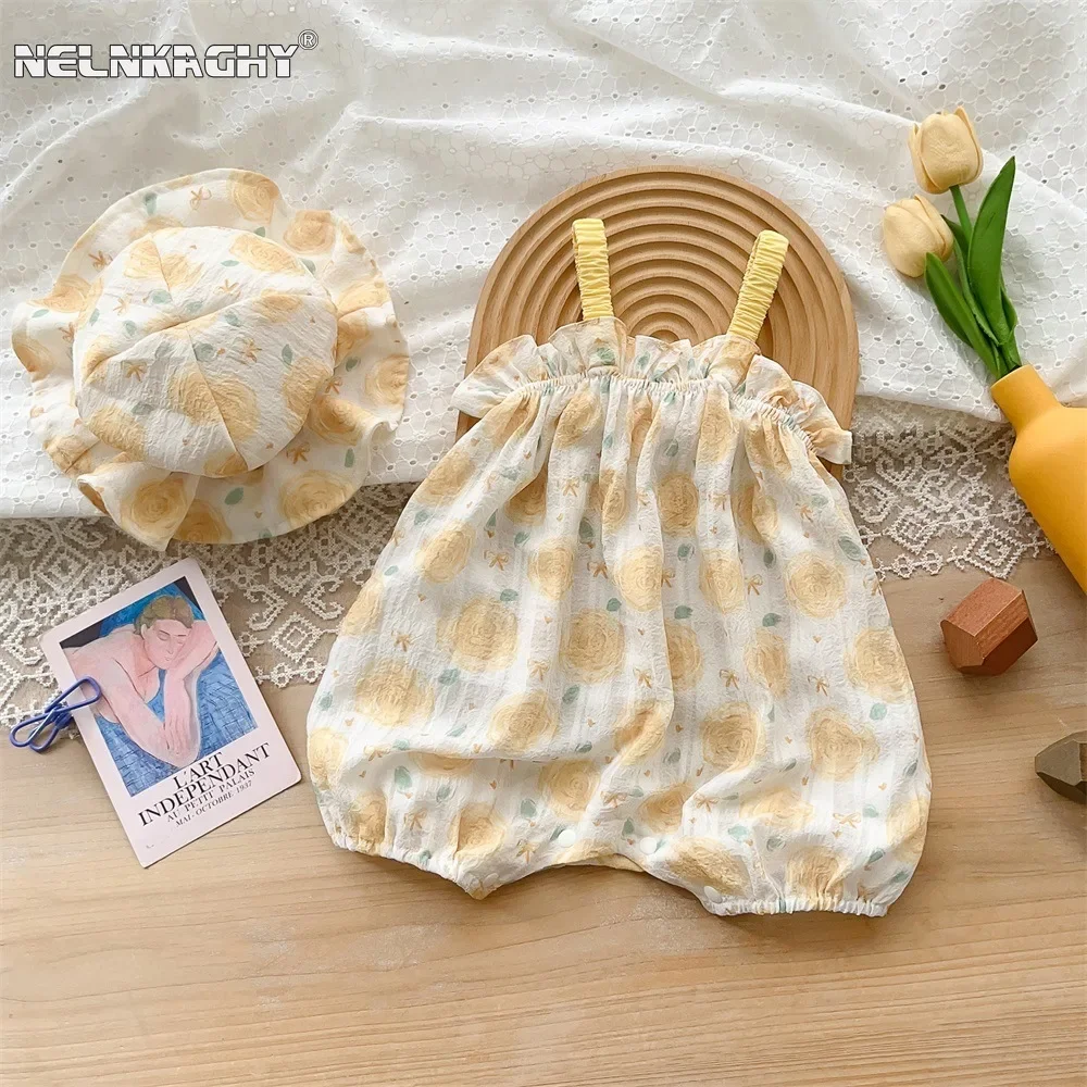 

Infant Summer Fashion: Sweet and Airy Thin Strap Romper Set with Sun Hat for Baby Girls 0-2 Years Old