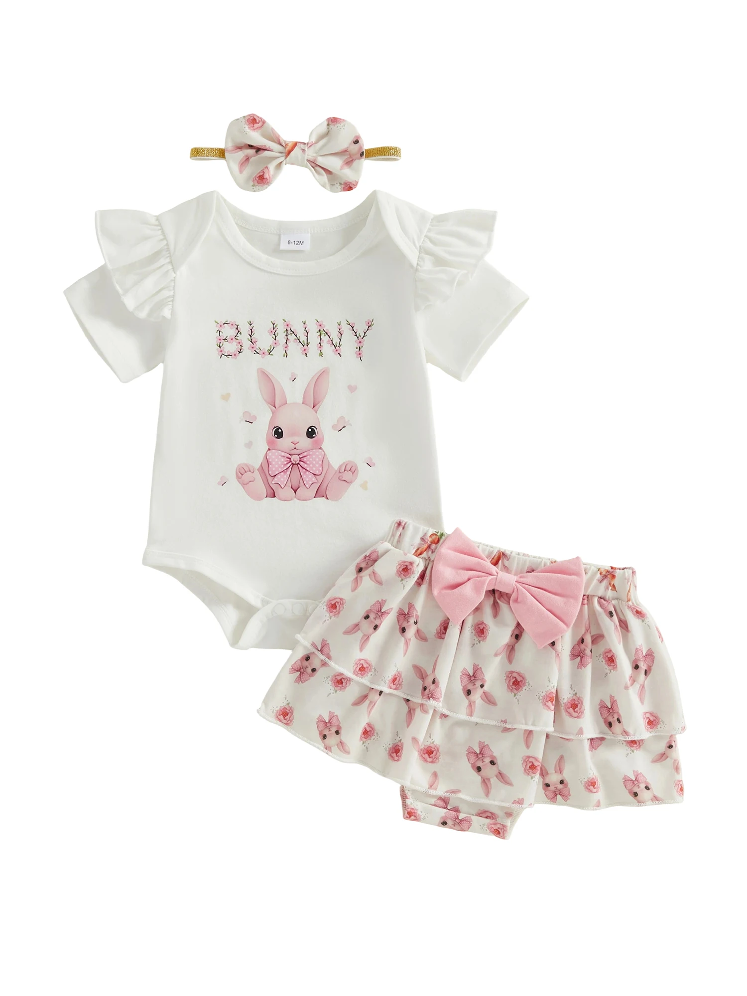 

Toddler Girls Easter Bunny Print Romper with Ruffled Shorts and Matching Headband Set for Spring Celebrations