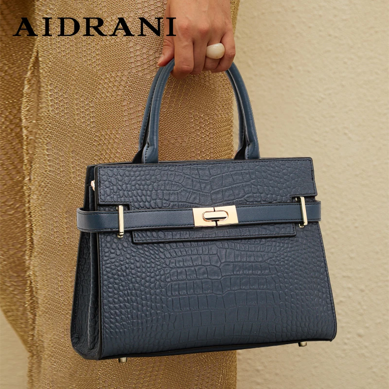 Aidrani Genuine leather crocodile pattern handbag, large capacity women\'s bag, square cowhide shoulder bag