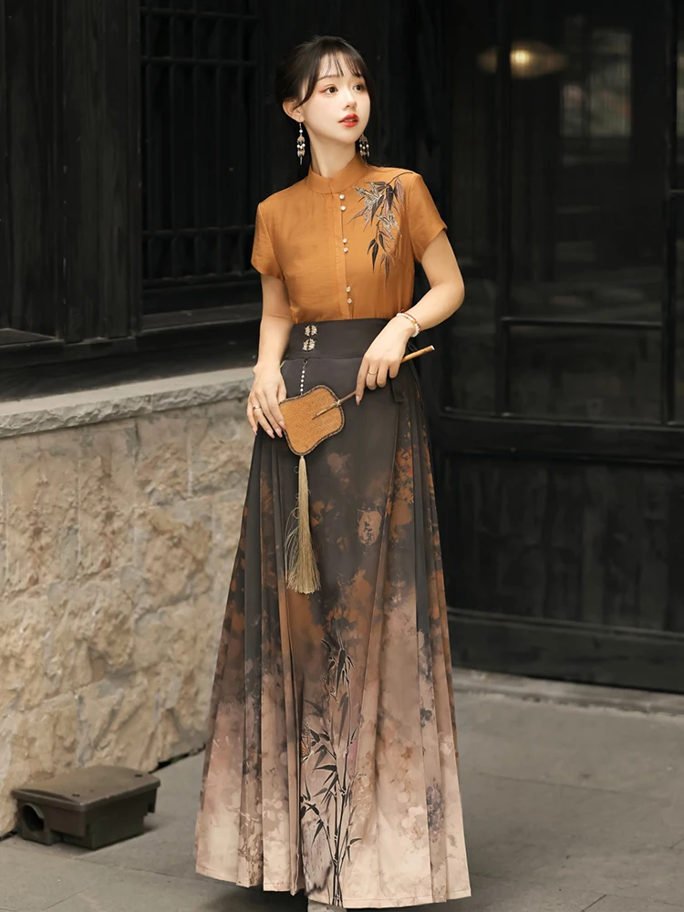 Ming Dynasty Hanfu female style new Chinese summer short-sleeved shirt with horse skirt daily suit chinese traditional dress