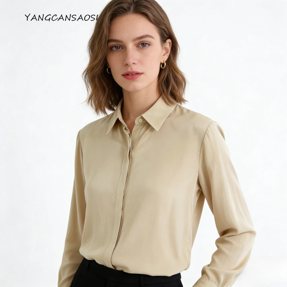 

Spring/Autumn Women's Clothing Skin-friendly Breathable Versatile 100% Natural Mulberry Silk Lapel Long Sleeved Champagne Shirt