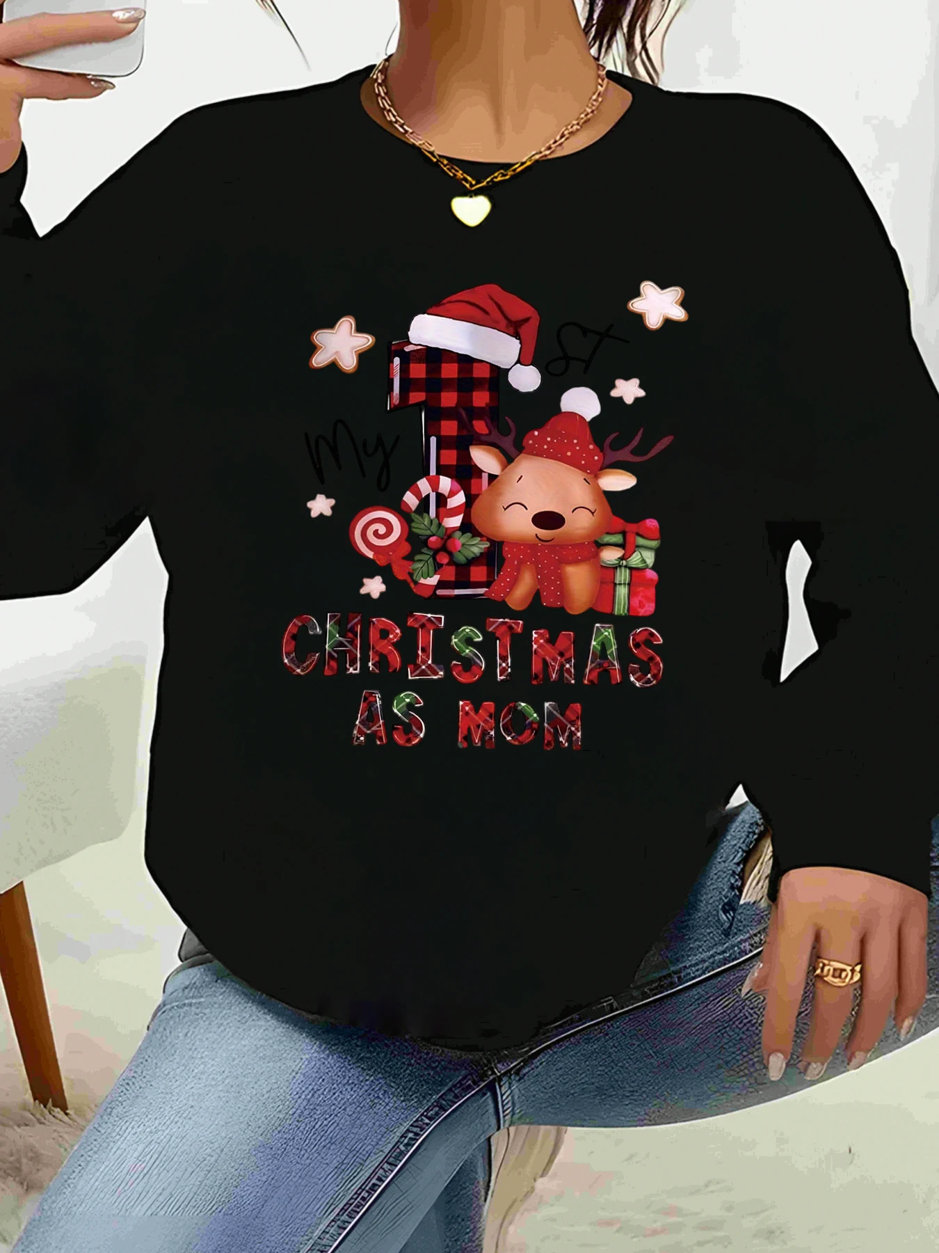 قبعة سانتا الرنة لعيد الميلاد الأول كأم مطبوعة بأكمام طويلة وحفلات العطلات ملابس نسائية غير رسمية #1