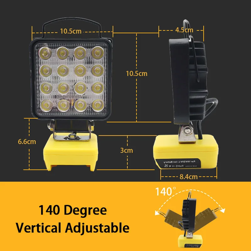 Lampe de travail LED sans fil aste, 48W, lampe de travail injuste, USB, budgétaire de camping portable pour DeWalt, pas de batterie