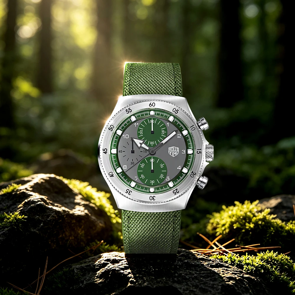 Montre homme 2026RollsTimi, nouvelle montre à quartz en nylon vert, chronographe sport VD55, montre saphir étanche, relogio masculino