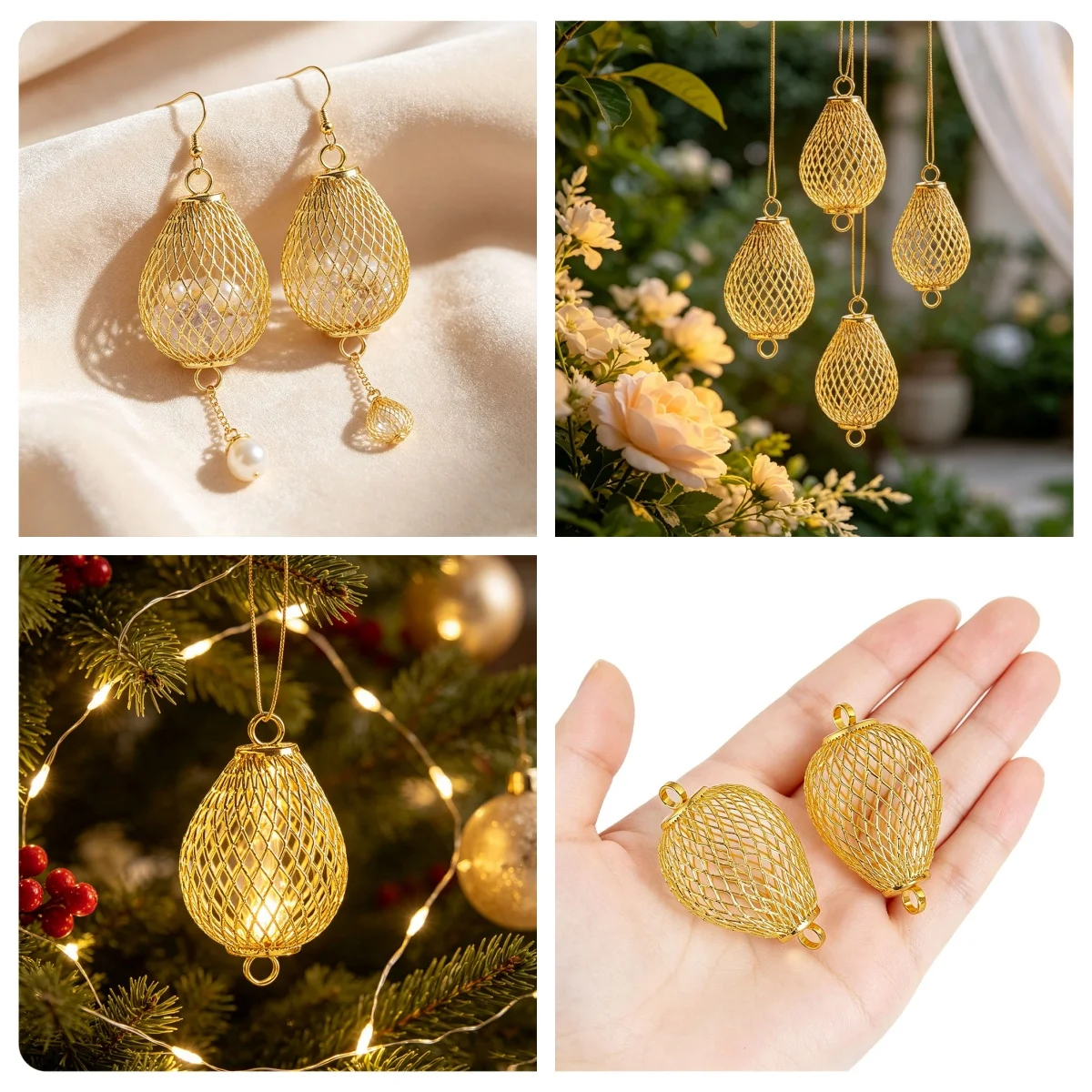 Openable Teardrop Bead Cage Charms Hollow Metal Mesh Pendant with Hooks for DIY Pearl Jewelry Making and Wedding Party Decor
