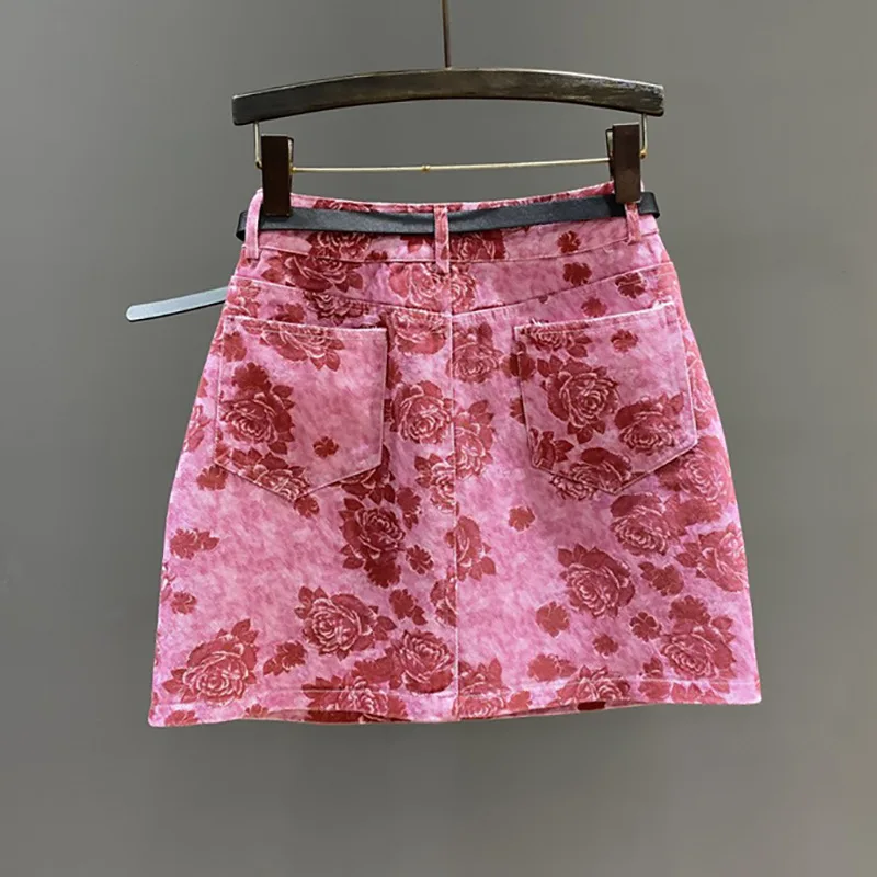 ZOCI-saia curta de cintura alta, padrão floral estampado, jeans, rosa, vermelho, abraço do quadril, novo, verão