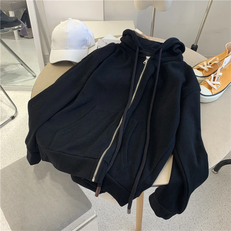 2025 New Hooded Grey Cardigan Hoodie Women's Autumn Winter Loose Lazy Style Zipper Design Solid Color Thin Coat Long Sleeve