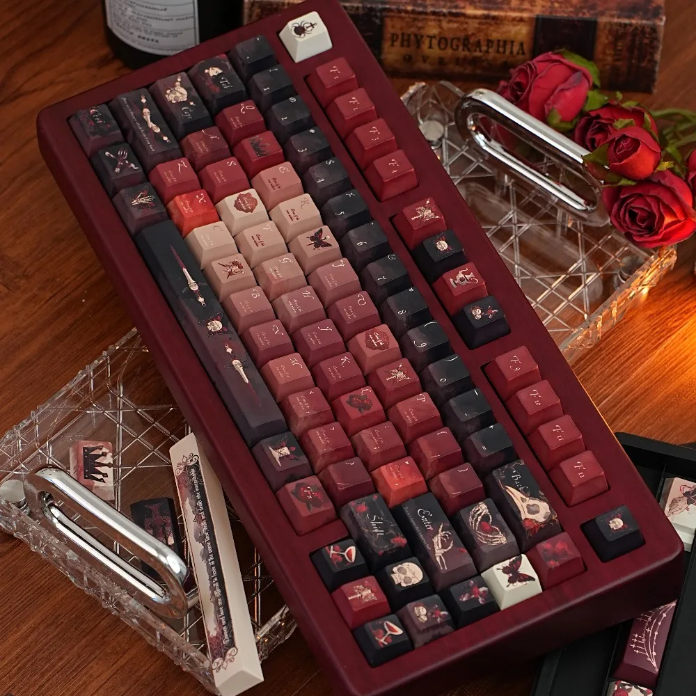 Gothic Style Keyboard Keycap Black And Red Dark Retro Burgundy 141 Keys [Red Mary] Pbt Cherry Aula F75/F99/F87 Keycaps